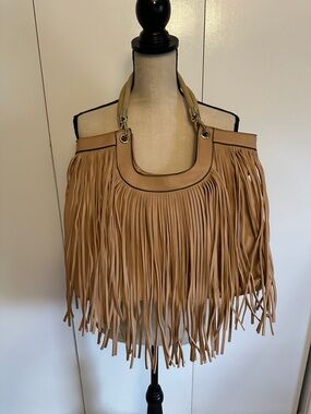 Tan Fringe Shoulder Tote Bag